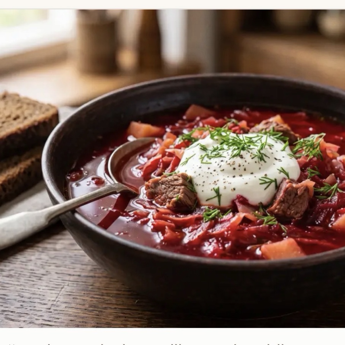 Bowl of beet borscht with sour cream and a spoon on a wooden table.